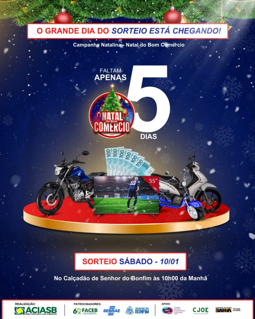 CONTAGEM REGRESSIVA COMEÇA: FALTAM 5 DIAS PARA O SORTEIO DO NATAL DO BOM COMÉRCIO